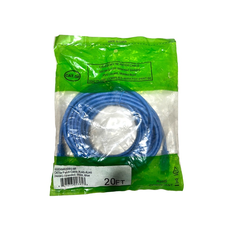 CAT5e Patch Cable, RJ45-RJ45, 24AWG Stranded, 568B, 20Ft, Blue