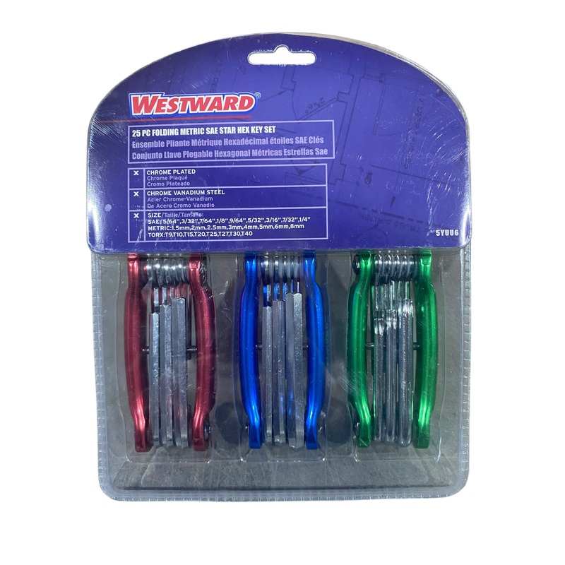 WESTWARD, Hex, Key, Set, Metric, SAE, Short, 1 Pieces, Chrome, 25 Tips, 2 1/4 in, 3 1/8 in, 5YUU6
