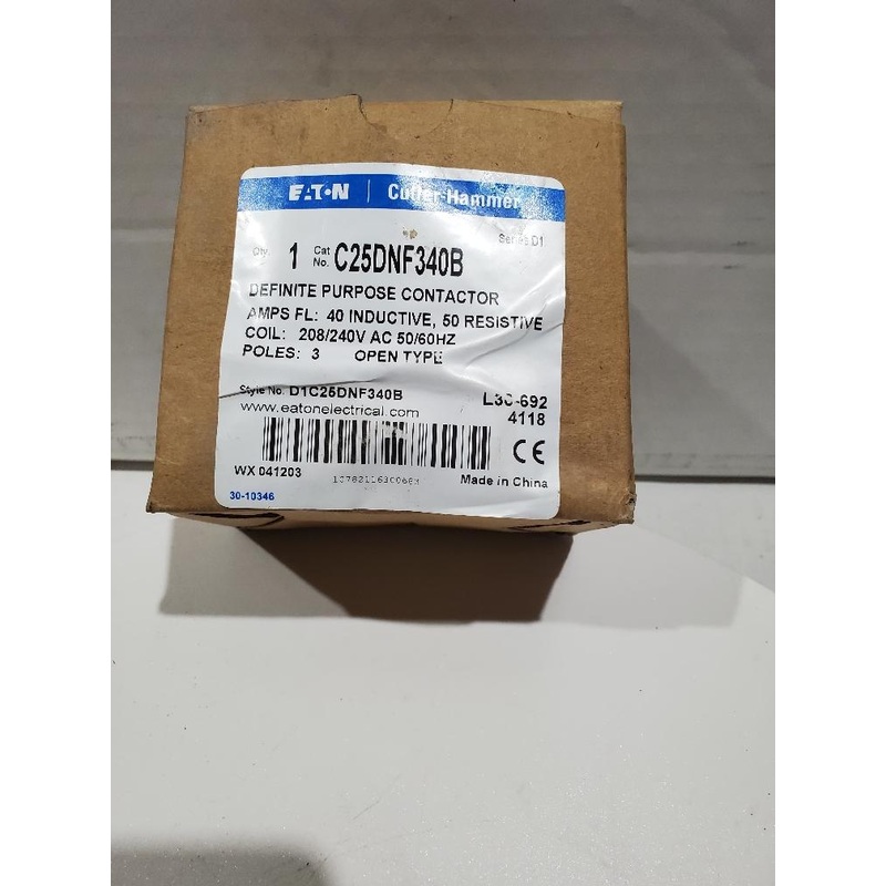 Cutler Hammer C25DNF340B Definite Purpose Control Contactor, 3 Pole, 40A, 240Vac Coil