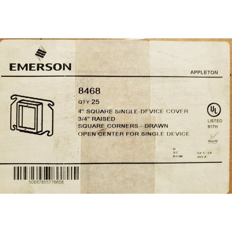 Lot of 25 – Emerson-Appleton 8468 – 4 Square Single Device Cover 3/4 Raised – NEW IN BOX