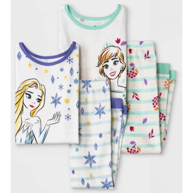 Toddler Girls 4pc Frozen Short Sleeve Snug Fit Top/Pants Pajama Set – White – 5T