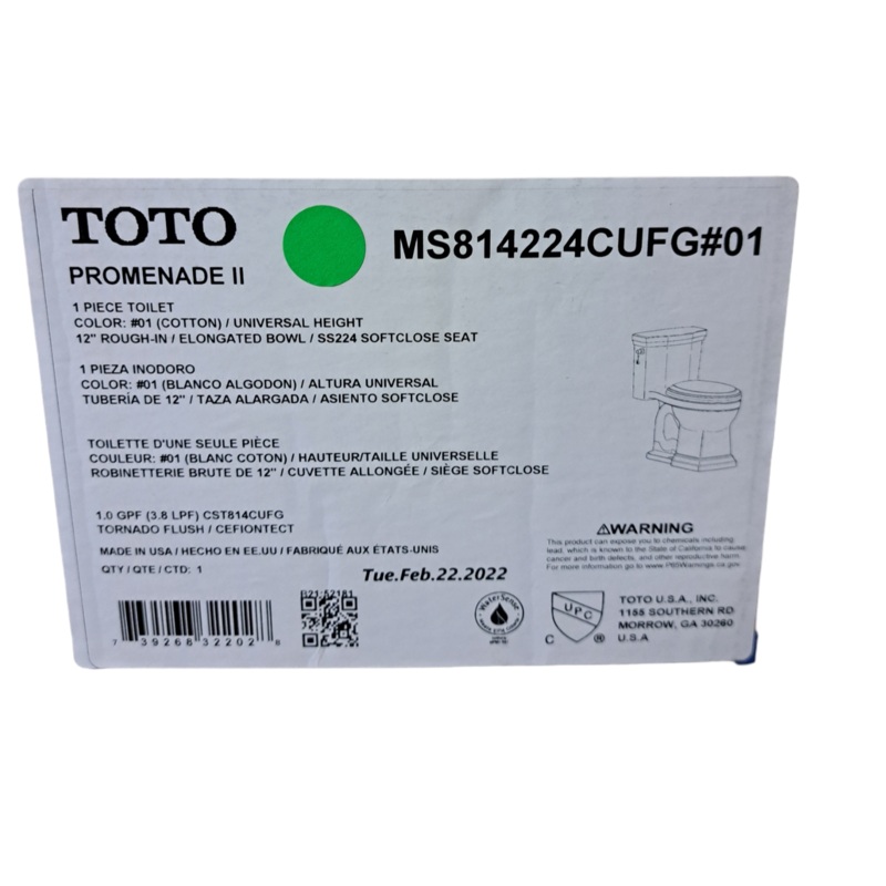 TOTO, MS814224CUFG#01, Toilet, 1.0 gpf, Floor Mount, Elongated, Cotton White – New in Box