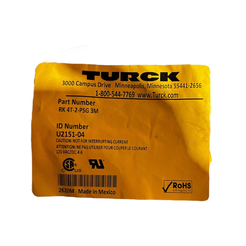 Turck, RK 4T-2-PSG 3M, Single-Ended Cordset – NEW IN ORIGINAL PACKAGING