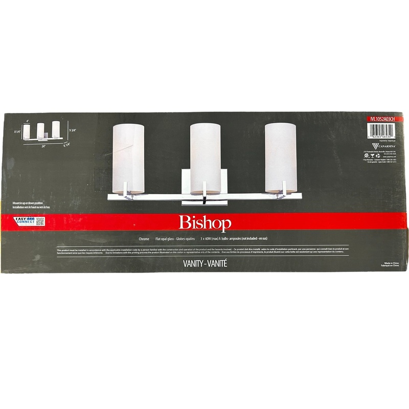 Canarm, IVL1052A03CH, Bishop, 3 Lt Vanity, in Chrome with Flat Opal Glass, 60W, Type A