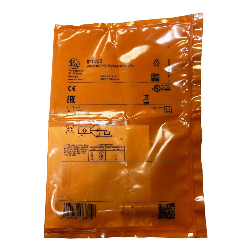 ifm, IFT203, IFB3004BBPKG/M/V4A/US-104-DPS, Inductive Sensor, 4 mm Range, M12 Flush, PNP- NEW IN PACKAGING