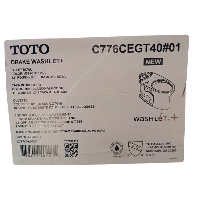 TOTO, C776CEGT40#01, Drake, Elongated, Toilet Bowl, WASH-LET+, Cotton White – New in Box