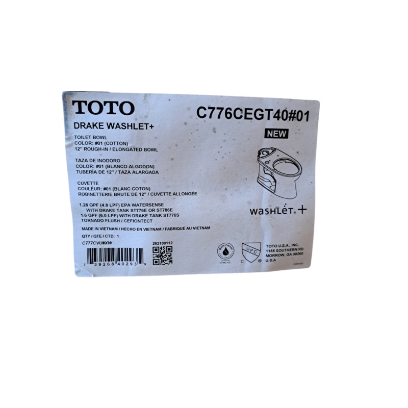 TOTO, C776CEGT40#01, Drake, Elongated, TORNADO FLUSH, Toilet Bowl, WASHLET+ Ready, Cotton White – New in Box
