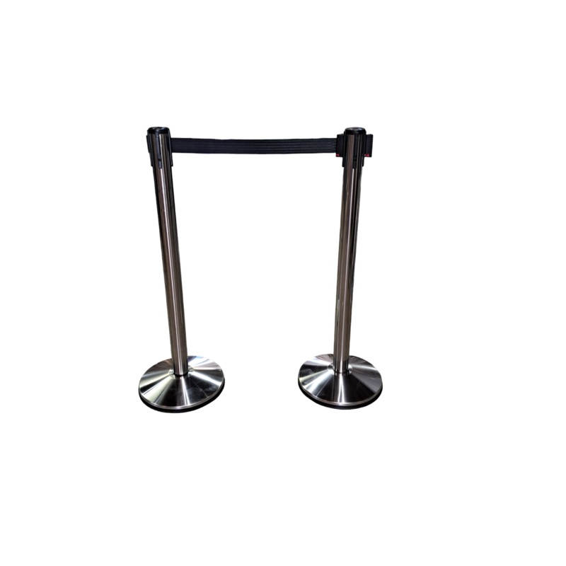 VISIONTRON, RETRACTA-BELT PRIME, 100SS1-BK, Barrier Post with Belt, Stainless Steel, Satin Stainless Steel, Sloped, 2 PK, Black Belt
