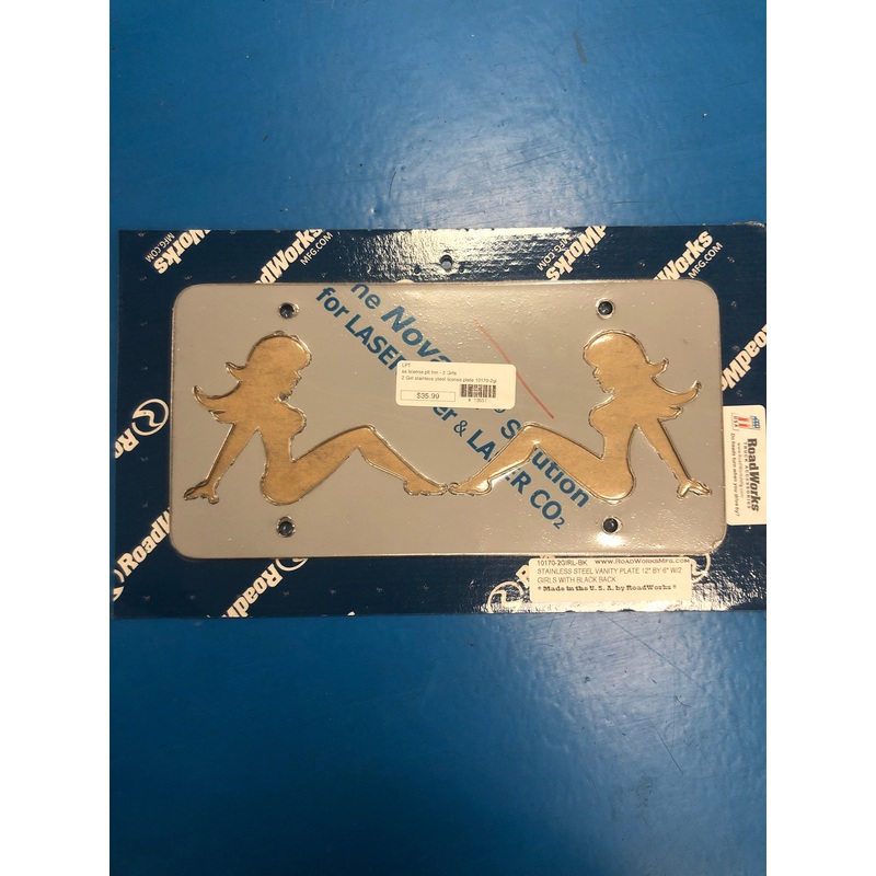 2 Mudflap Girls stainless steel license plate with black background
