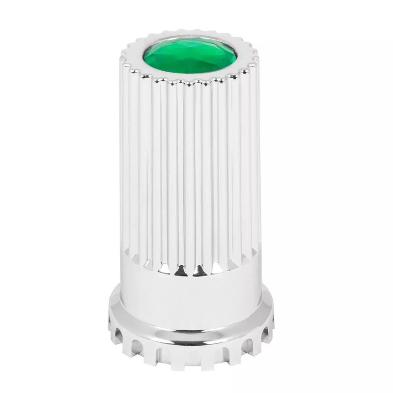 33mm x 4 tall chrome plastic screw-on lugnut cover w/green jewel