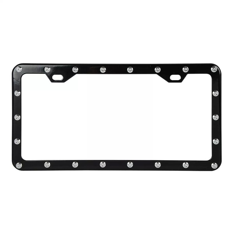 Black license plate frame with chrome rivets – 2 mounting holes