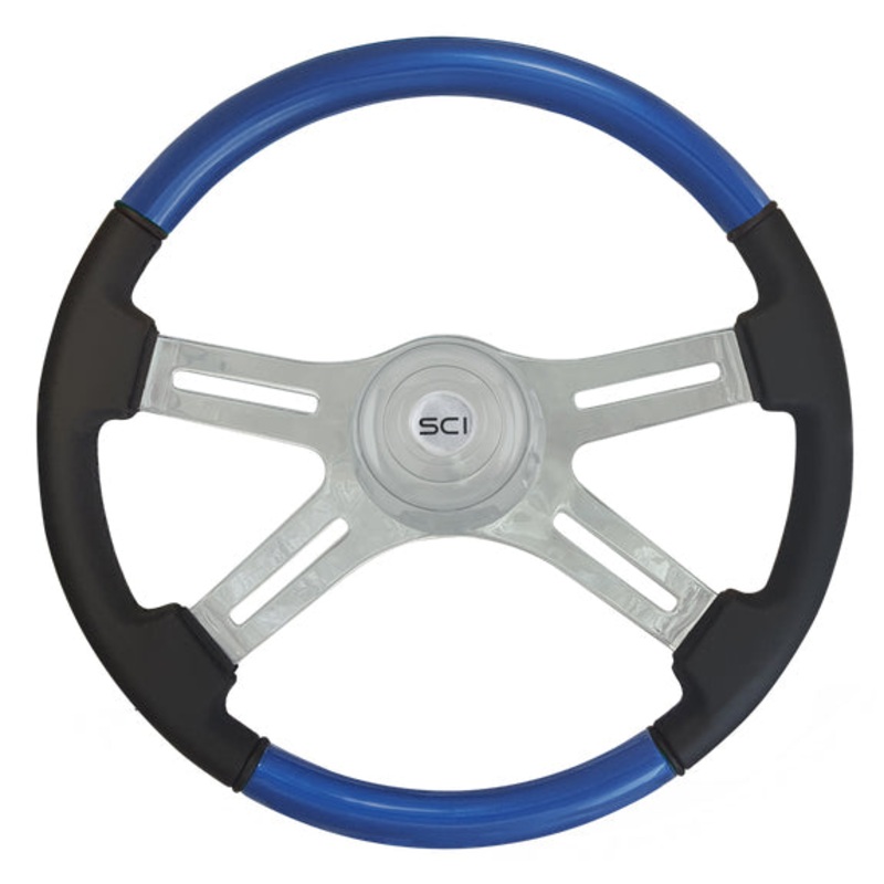 Classic Blue painted wood 18 steering wheel w/leather grips – 3 hole style