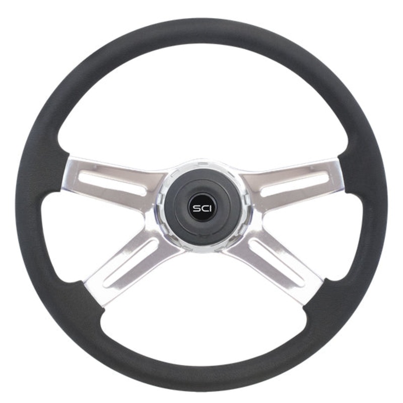 Convoy 18 black polyurethane steering wheel w/4 chrome spokes – 3 hole style