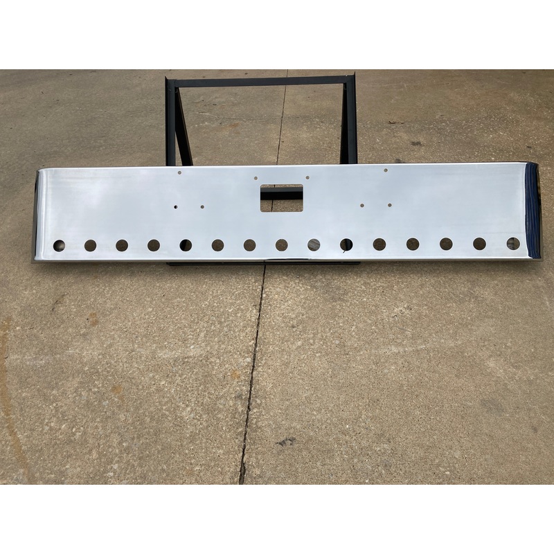 Peterbilt 379 premium 8 gauge chrome 18 rolled end bumper w/standard tow & mounting holes, 15 round 2 light holes
