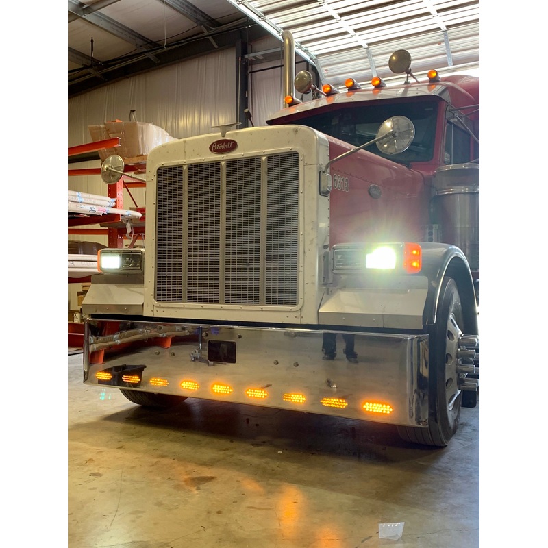 Peterbilt 379 premium 8 gauge chrome 18 rolled end bumper w/standard tow & mounting holes, 9 oval light holes