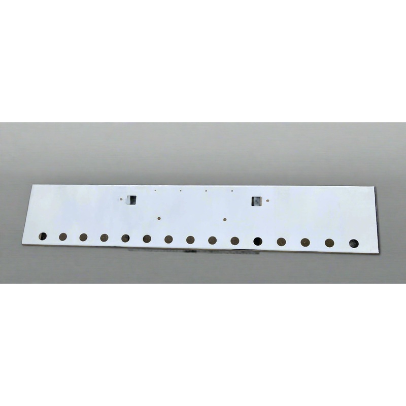 Peterbilt 389 premium 8 gauge chrome 18 boxed end bumper w/standard tow & mounting holes, 15 round 2 light holes