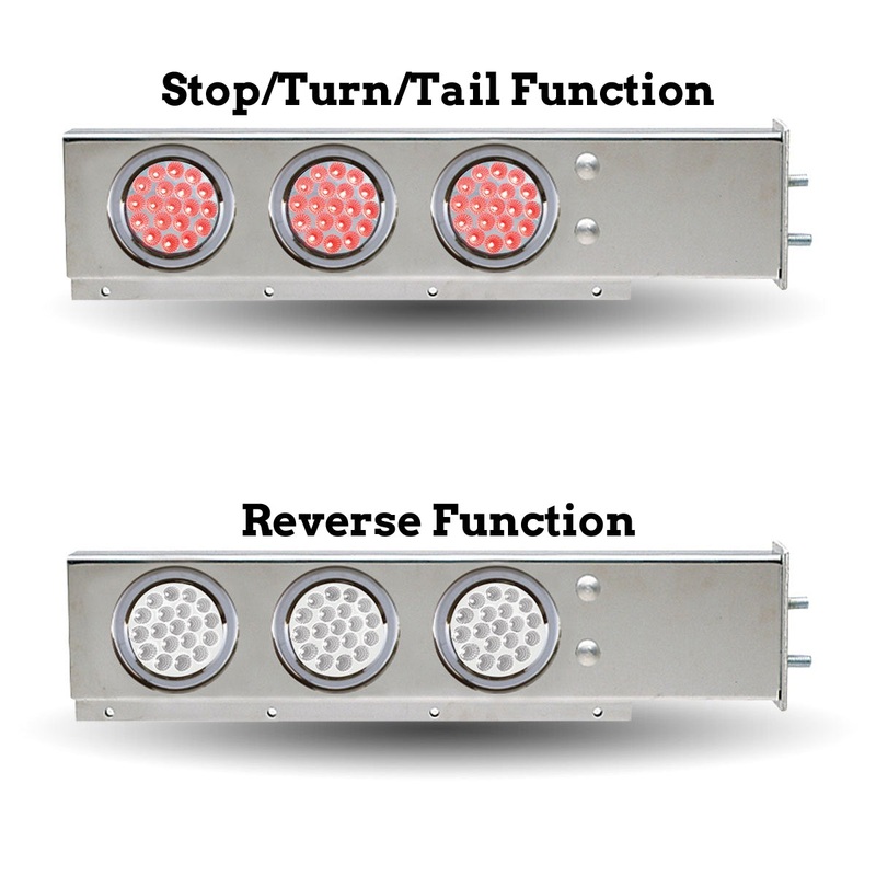 Stainless steel mudflap hanger w/6 round Dual Revolution 4 Red/White LED lights – 2.5 Bolt hole spacing