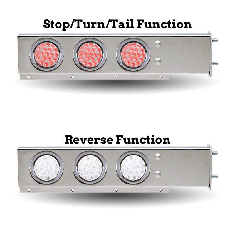 Stainless steel mudflap hanger w/6 round Dual Revolution 4 Red/White LED lights – 3-3/4 Bolt hole spacing