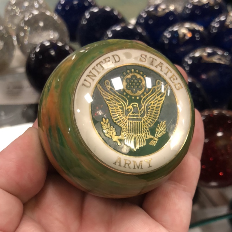Camouflage w/Army embedded emblem 2.25 diameter round gear shift knob w/ 1/2 x 13 adapter