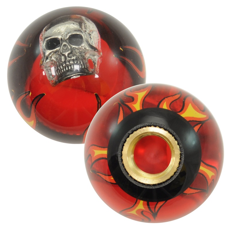 Flames red transparent w/Skull embedded 2.25 diameter round gear shift knob