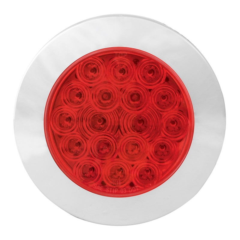 Fleet Red 4 round 18 diode LED stop/turn/tail light w/Twist N Lock chrome plastic bezel – flange mount, 3 prong pigtail