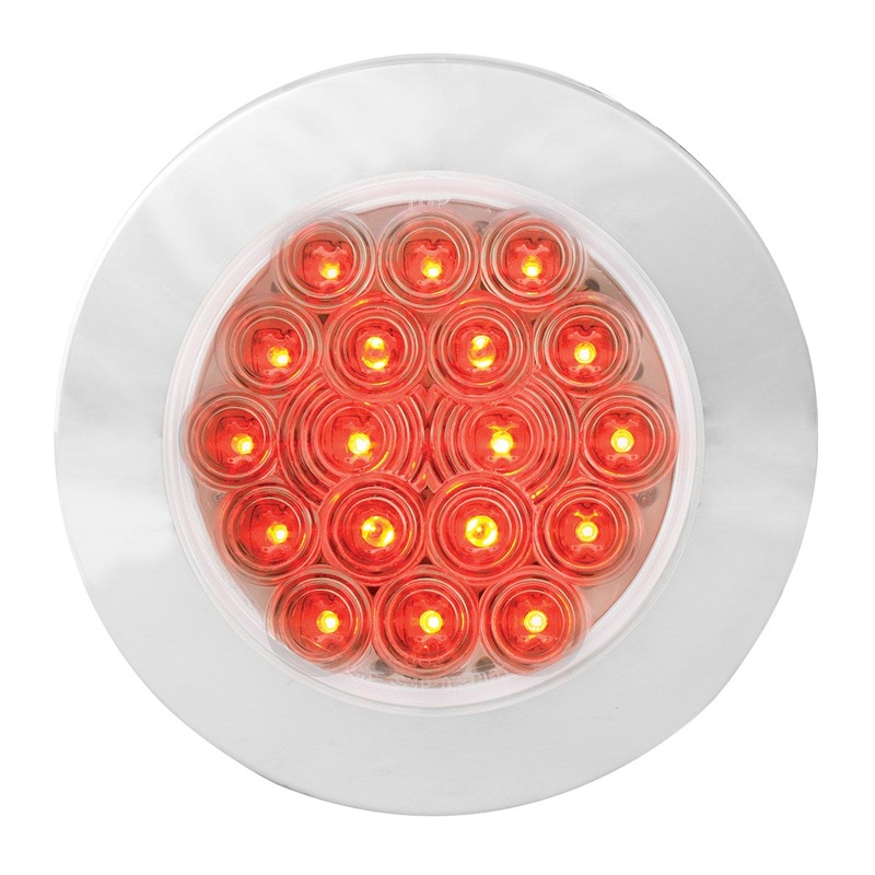 Fleet Red 4 round 18 diode LED stop/turn/tail light w/Twist N Lock chrome plastic bezel – flange mount, 3 prong pigtail – CLEAR lens