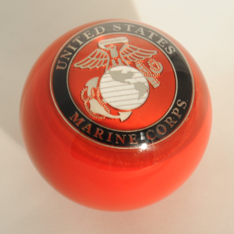 Red w/Marine Corps embedded emblem 2.25 diameter round gear shift knob