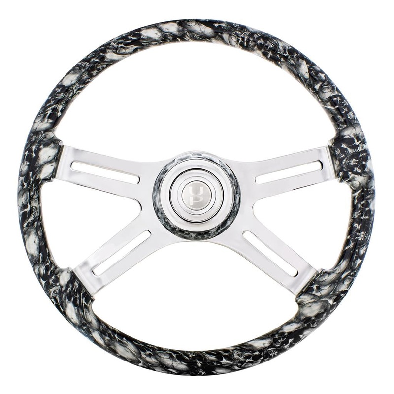 White Skulls painted wood 18 steering wheel w/chrome spokes – 3 hole style