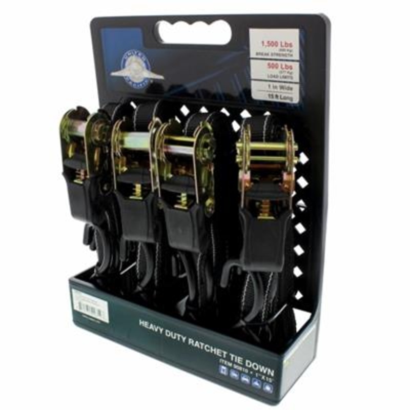 1 x 15′ ratchet tie down / strap w/S hook, 1500 lb break strength