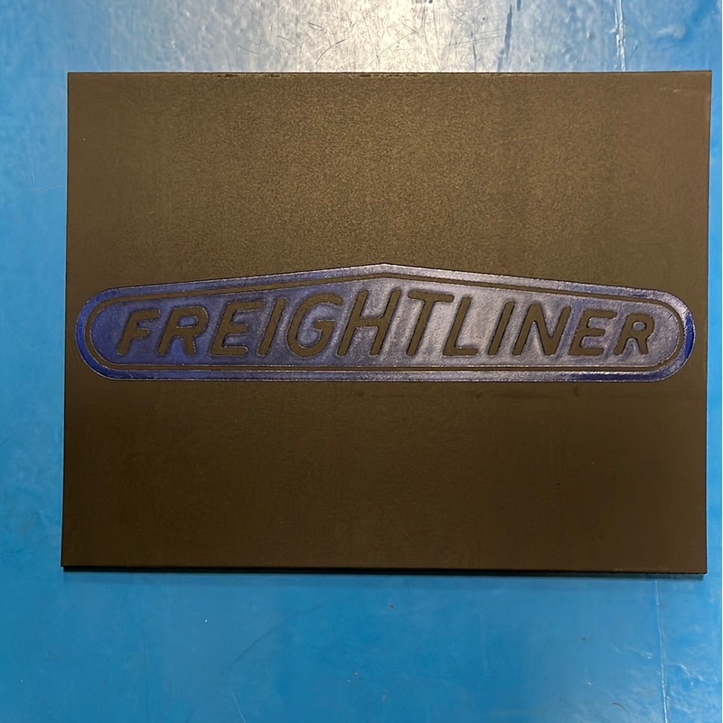 Freightliner 18 x 14 black front fender mudflap w/blue stamped logo
