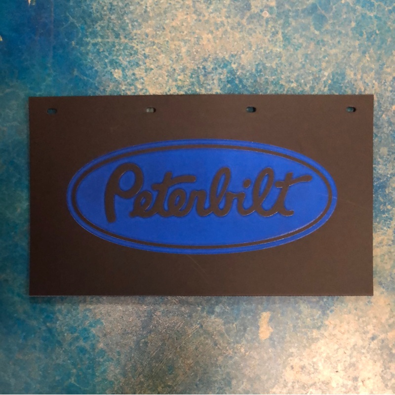 Peterbilt 24 x 14 black step box mudflap w/blue stamped logo