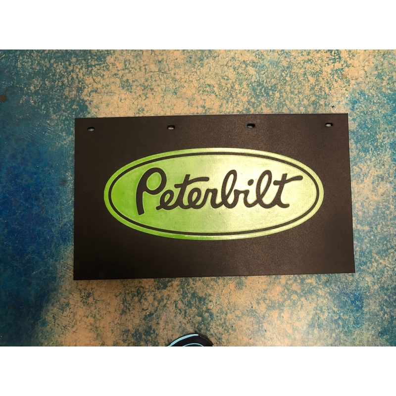 Peterbilt 24 x 14 black step box mudflap w/green stamped logo