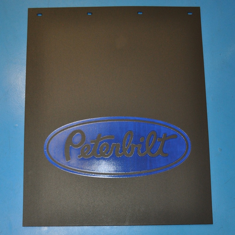 Peterbilt 24 x 30 black mudflap w/blue stamped logo