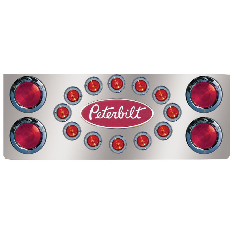 14 stainless steel rear center panel w/4 round 4, 12 round 2 and 2 holes for Peterbilt logo