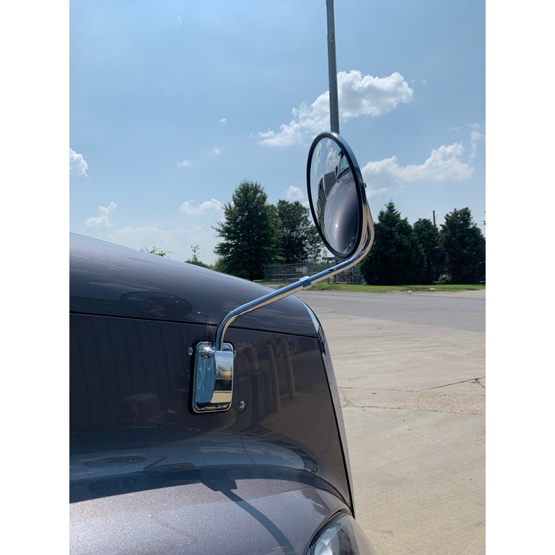 Chrome pod mount convex hood blind spot mirror w/curved arm