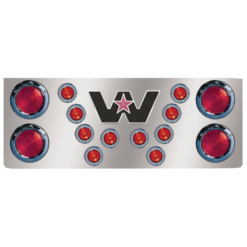 14 stainless steel rear center panel w/light holes, Western Star logo holes