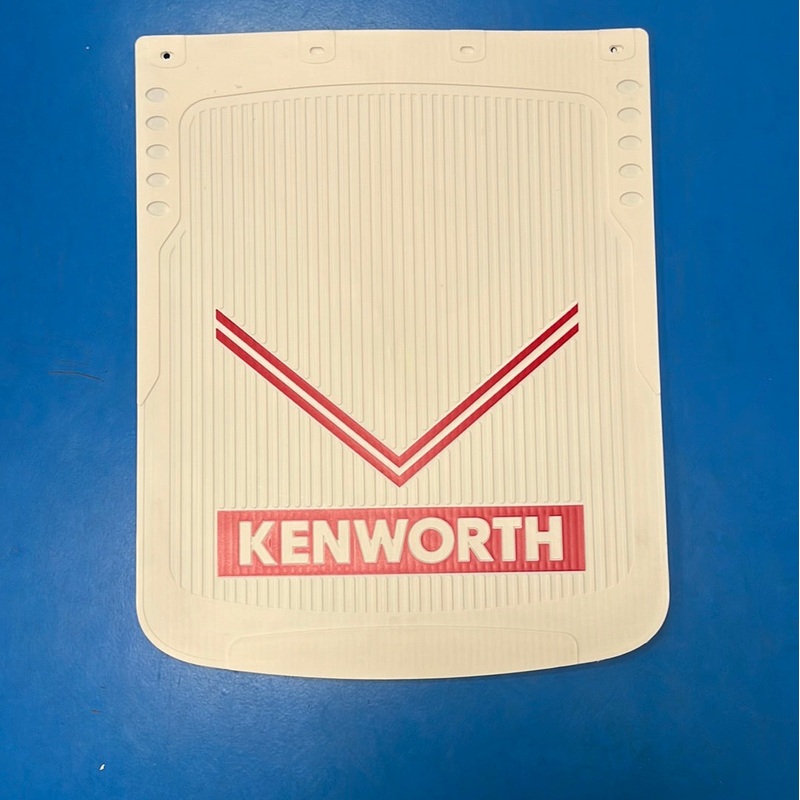 Kenworth 24 x 30 white rigid plastic mudflap w/red logo – SINGLE