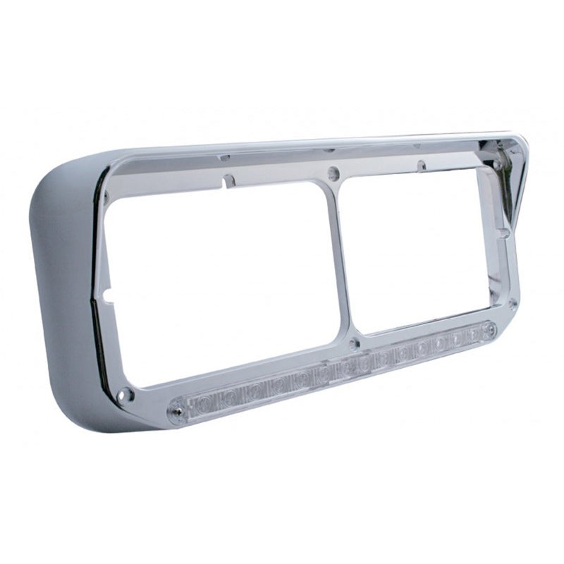 Chrome plastic dual rectangular headlight bezel w/visor, amber LED turn signal – CLEAR lens