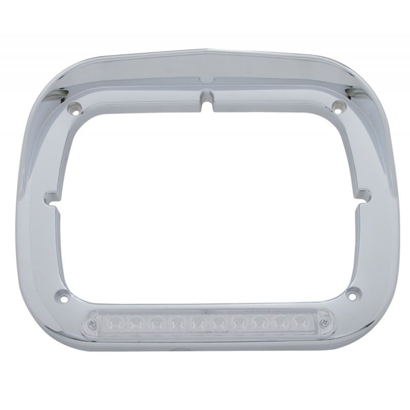 Chrome plastic square headlight bezel w/visor, amber LED turn signal – CLEAR lens