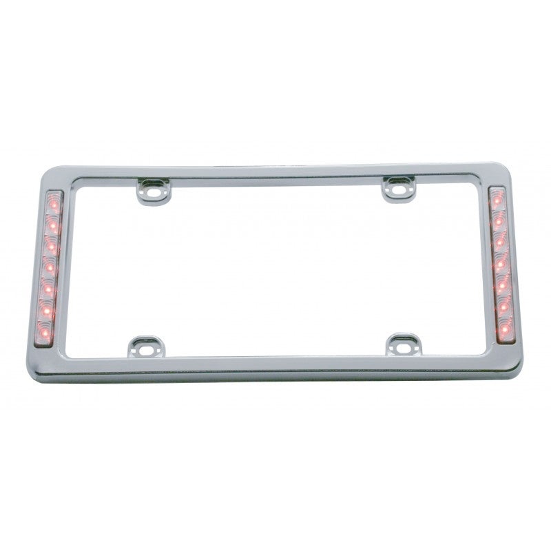 Chrome plastic license plate frame w/red LED lights – CLEAR lens