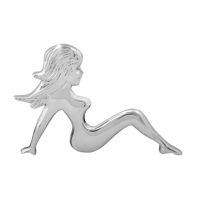Chrome plastic 3D sitting mudflap girl – tape mount – Faces Right