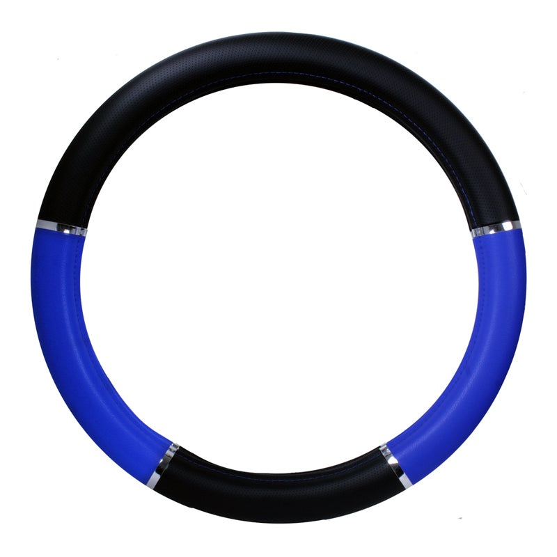 18 deluxe steering wheel cover – black and blue w/chrome trim