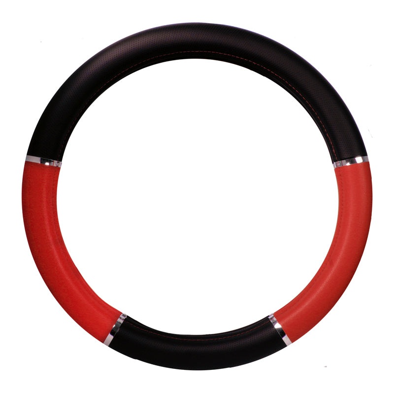 18 deluxe steering wheel cover – black and red w/chrome trim
