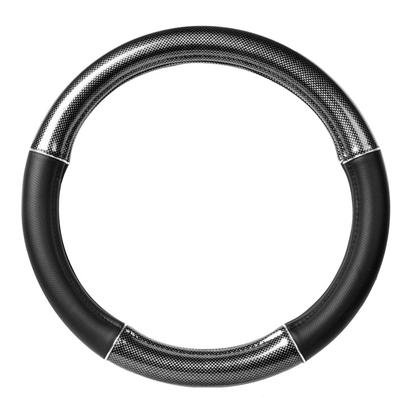 18 deluxe steering wheel cover – black carbon fiber w/chrome trim