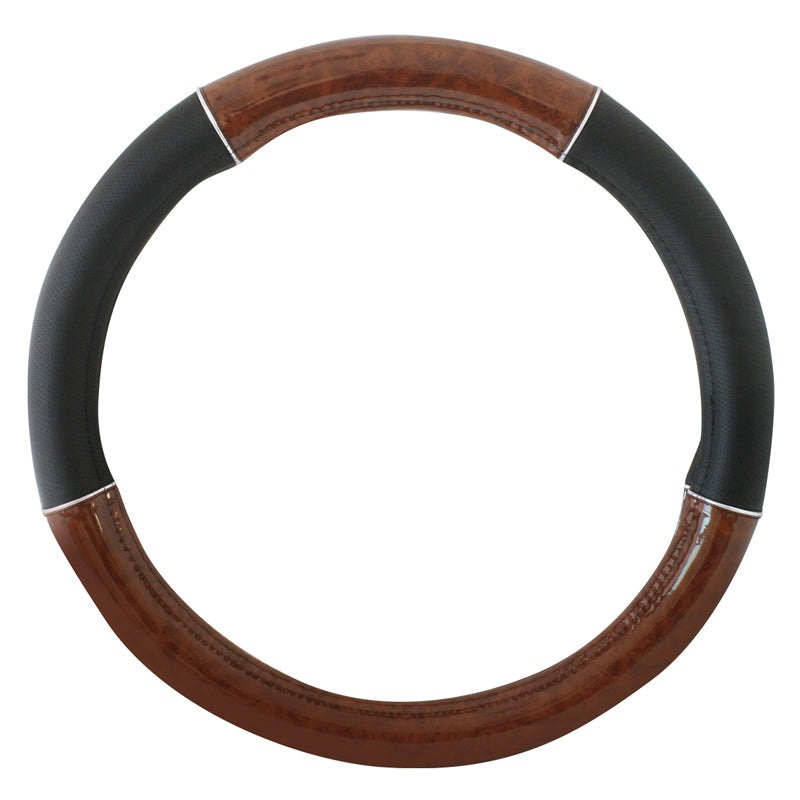 18 deluxe steering wheel cover – black w/dark wood and chrome trim