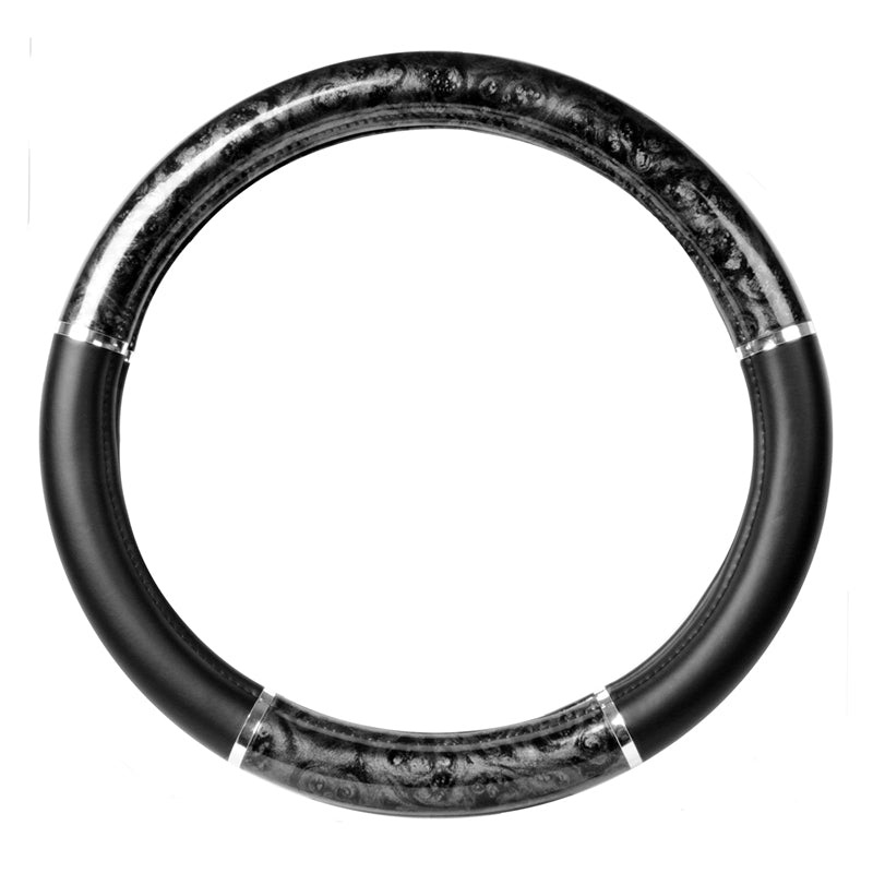 18 deluxe steering wheel cover – black wood w/chrome trim