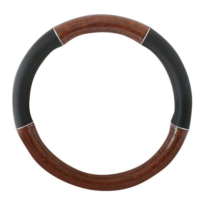 20 deluxe steering wheel cover – black w/dark wood and chrome trim