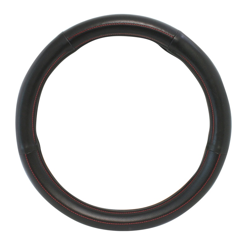 20 deluxe steering wheel cover – black w/red stitching