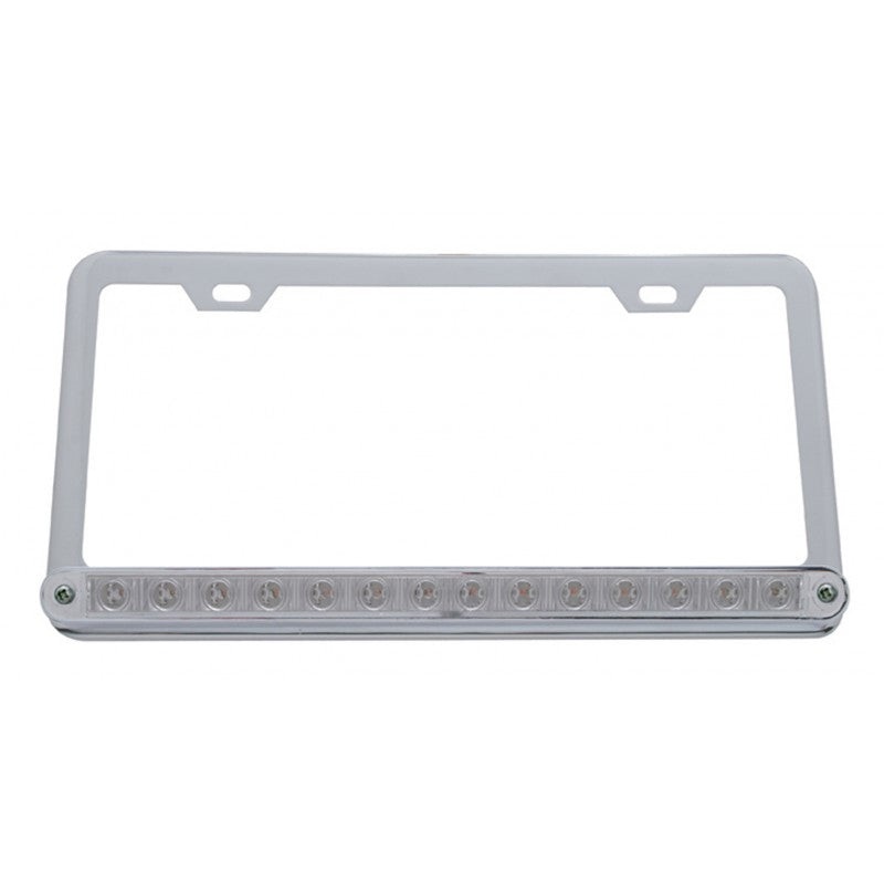 Chrome plastic license plate frame w/Red 14 diode LED turn signal light – CLEAR lens