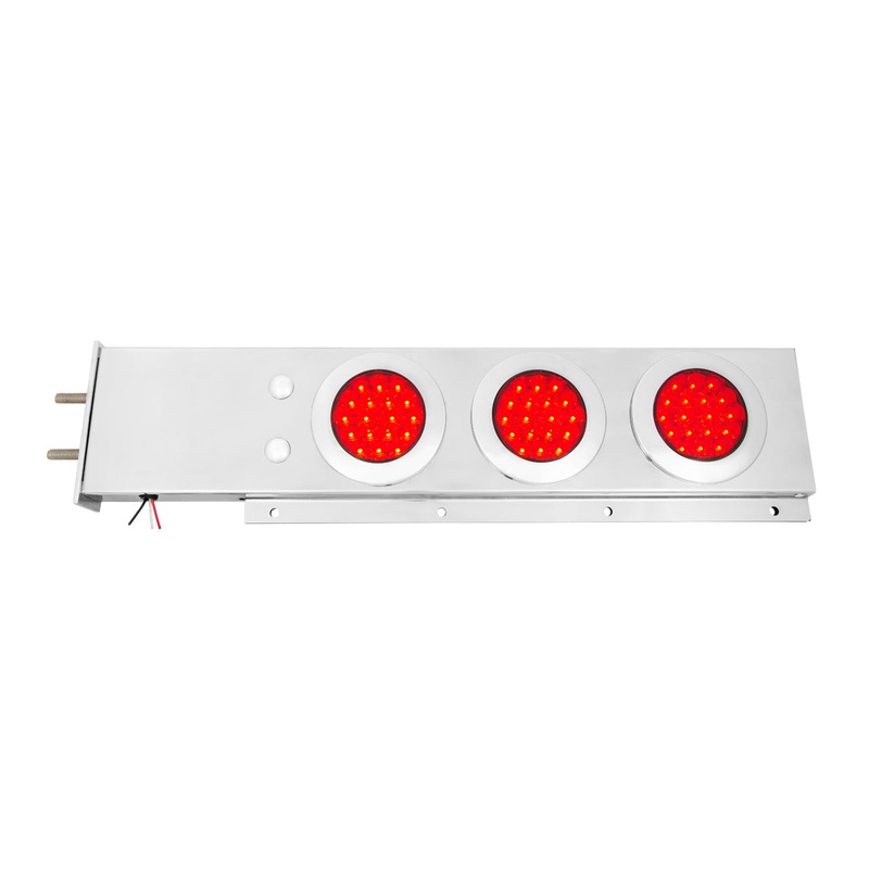 Stainless steel mudflap hanger w/6 round Fleet 4 Red LED lights and chrome twist-lock bezels